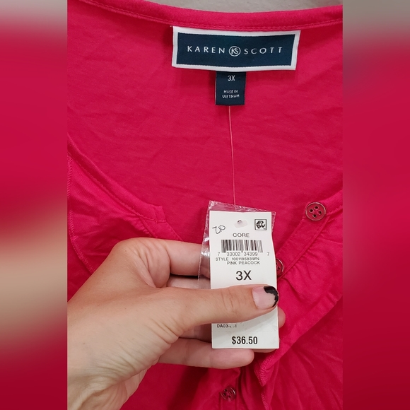 Karen Scott 3X Pink Ruffled Short Sleeve V-Neck Top - Picture 2 of 8